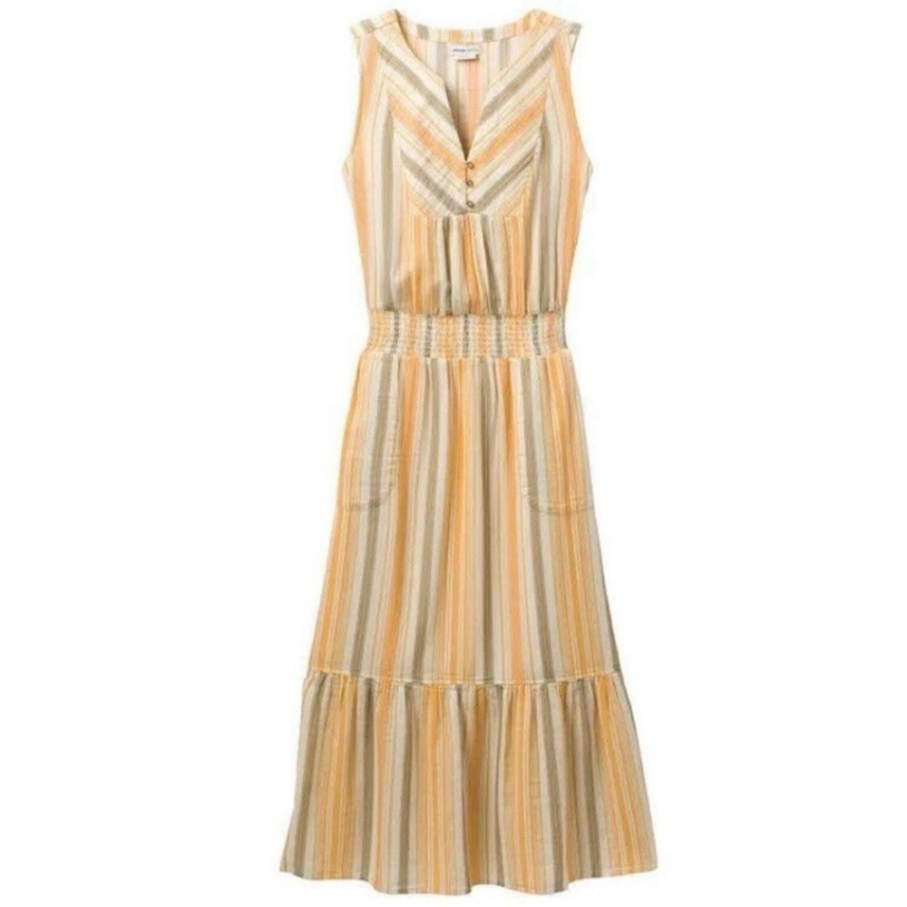 🆕 PrAna Dress California Dreaming Golden Hour Stripe Yellow Orange Cream 0 2 XS